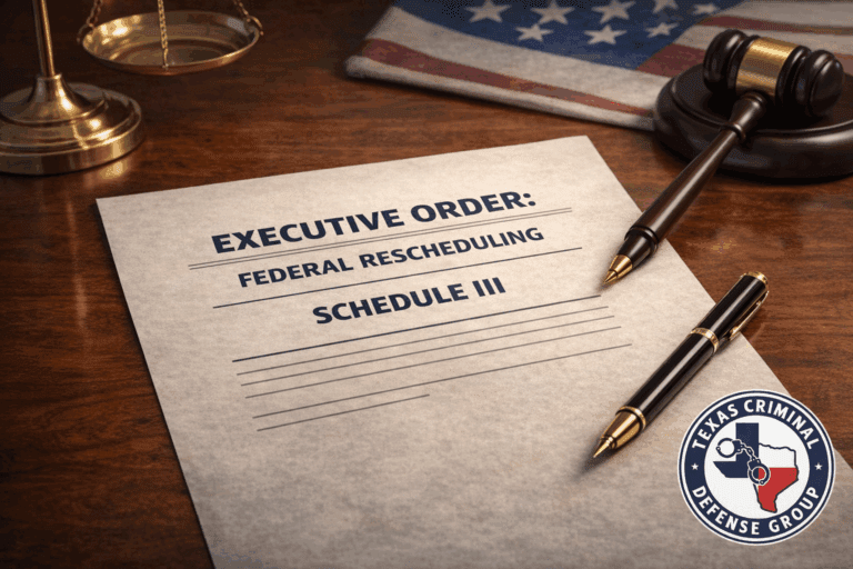 Executive order on federal marijuana rescheduling placed on an attorney’s desk with legal tools