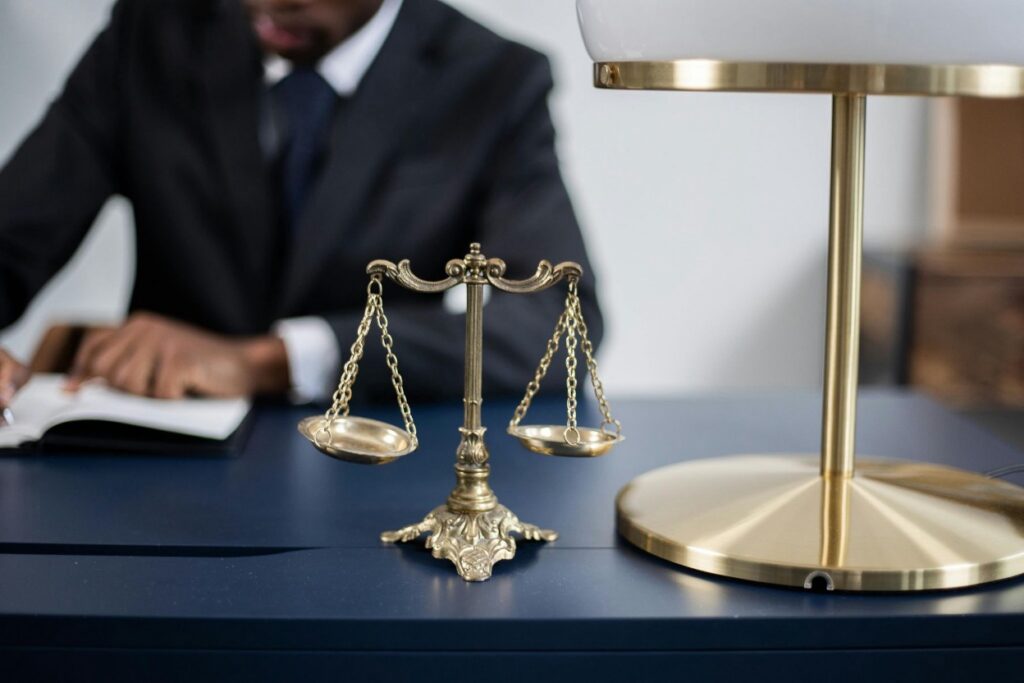 A brass balance scale on a lawyer's desk, with a suited attorney writing in the background.