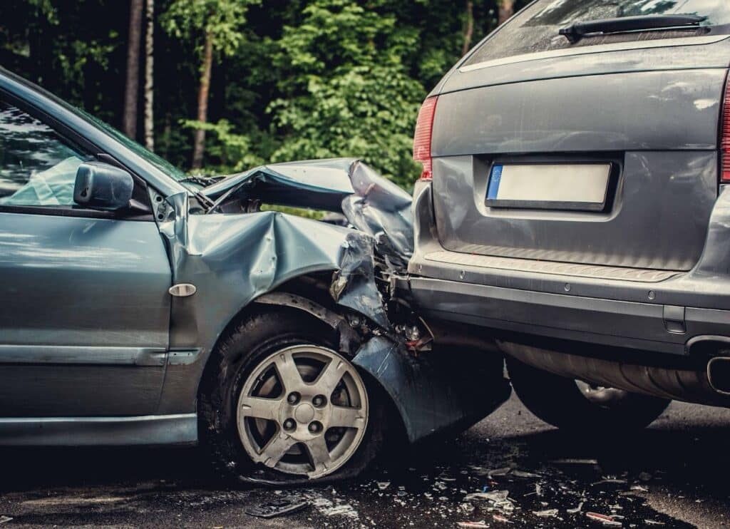Two cars after a rear-end collision.